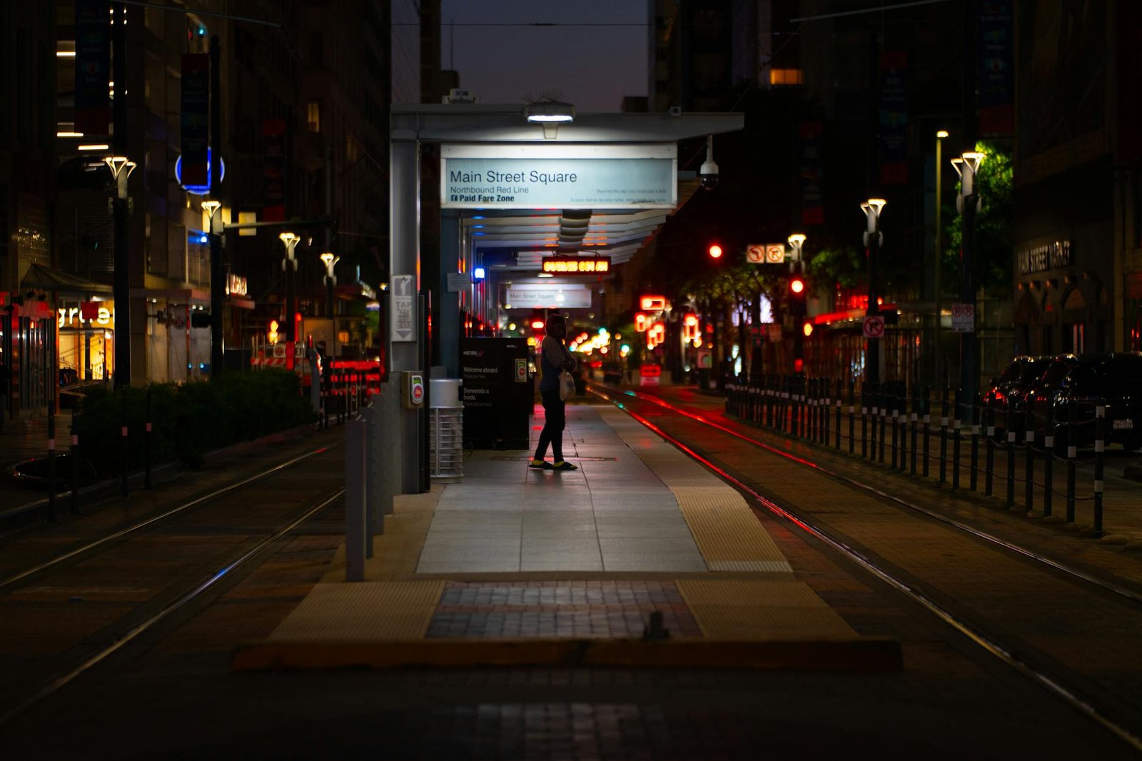 Nighttime view of Main Street Square transit station in Houston, Texas. Urban vibes.