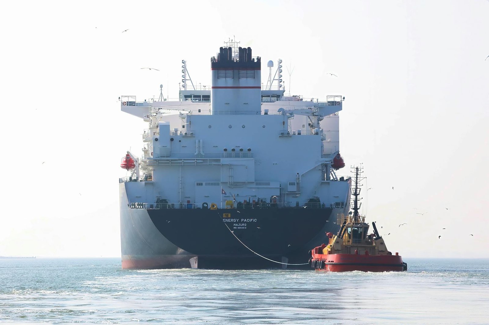 A large tanker assisted by a red tugboat on a serene Texas coastal day.