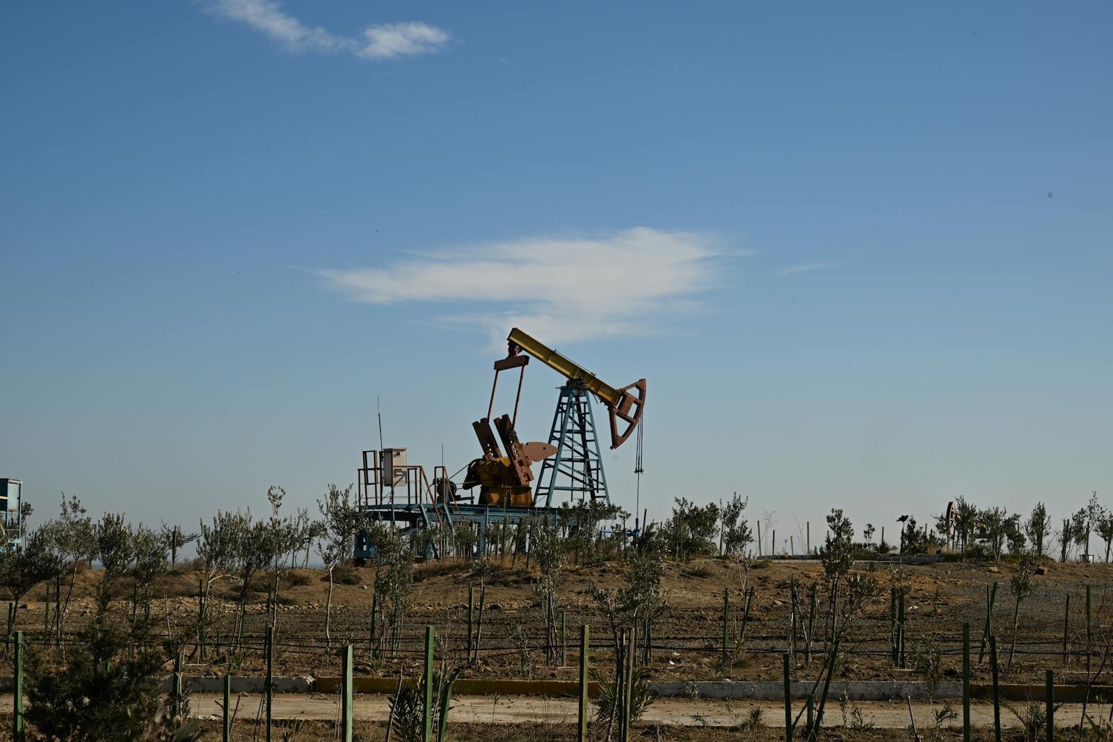 Oil pump jack in a dry landscape with shrubs and clear sky in Bakú, Azerbaijan.