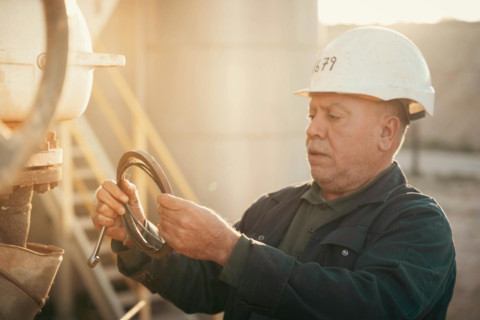 Middle-aged engineer with hard hat inspecting machinery under sunlight in an industrial setting.